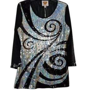 Ameri Mode Womens Tunic Black Silver Sequined Art to Wear Chiffon M New